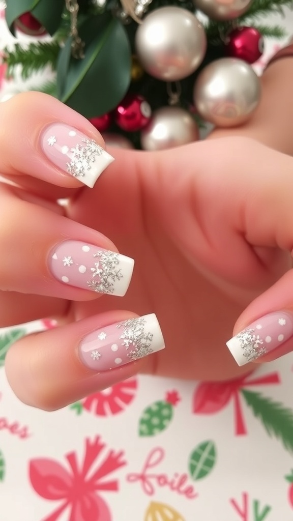 White French Christmas Nail Art Elegant white French tip nails with glitter and snowflake designs on a festive background.